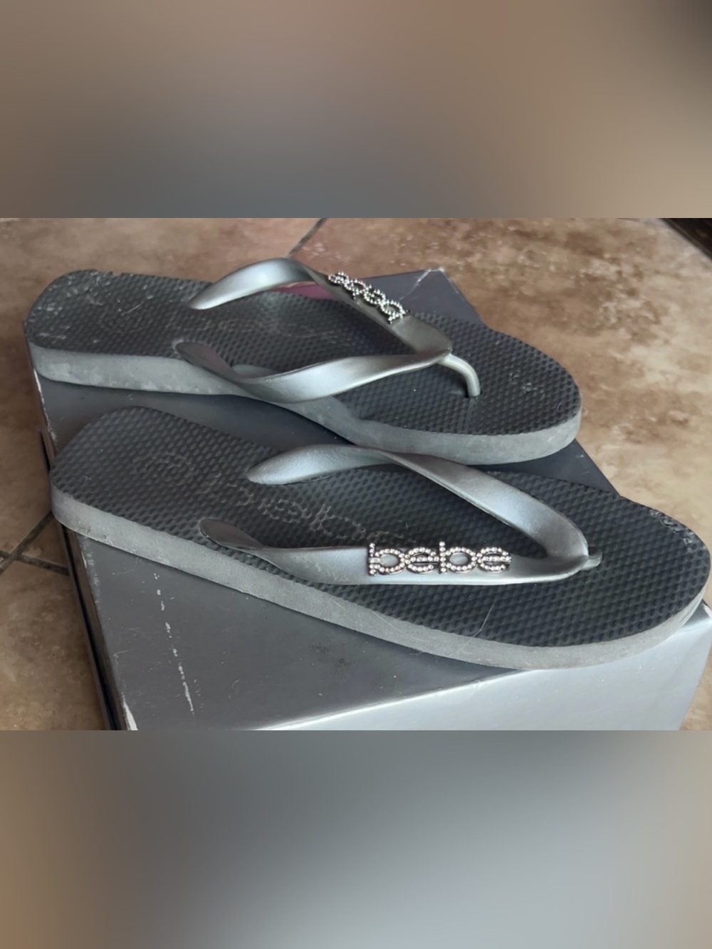 Bebe | Silver Rhinestone Logo Flip Flops Sandals Shoes Women’s